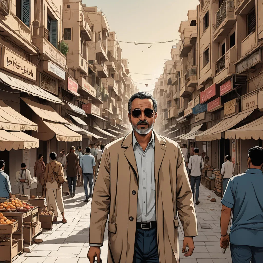 a man in a trench coat and sunglasses walking down a street in a city with people walking around and buildings, serial art, a comic book panel, Ahmed Karahisari, cinematic still