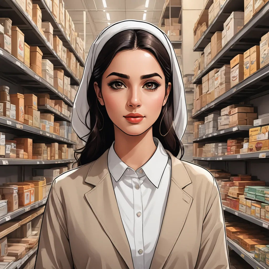 a woman in a white veil is standing in a store aisle with shelves of boxes and boxes on the shelves, sots art, a character portrait, Elina Karimova, character portrait