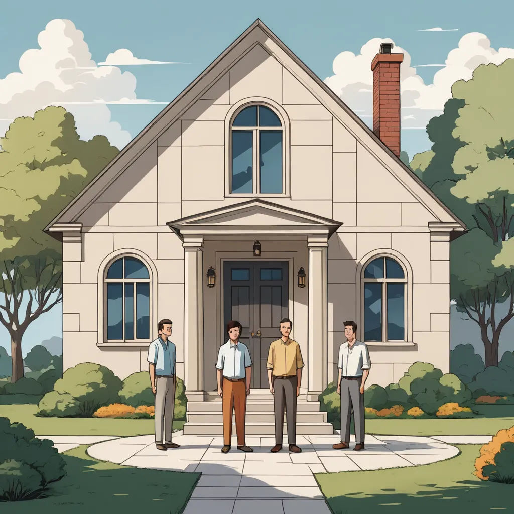 a group of people standing in front of a house with a chimney and a clock on the front of the house, vancouver school, a storybook illustration, A. J. Casson, high detail illustration