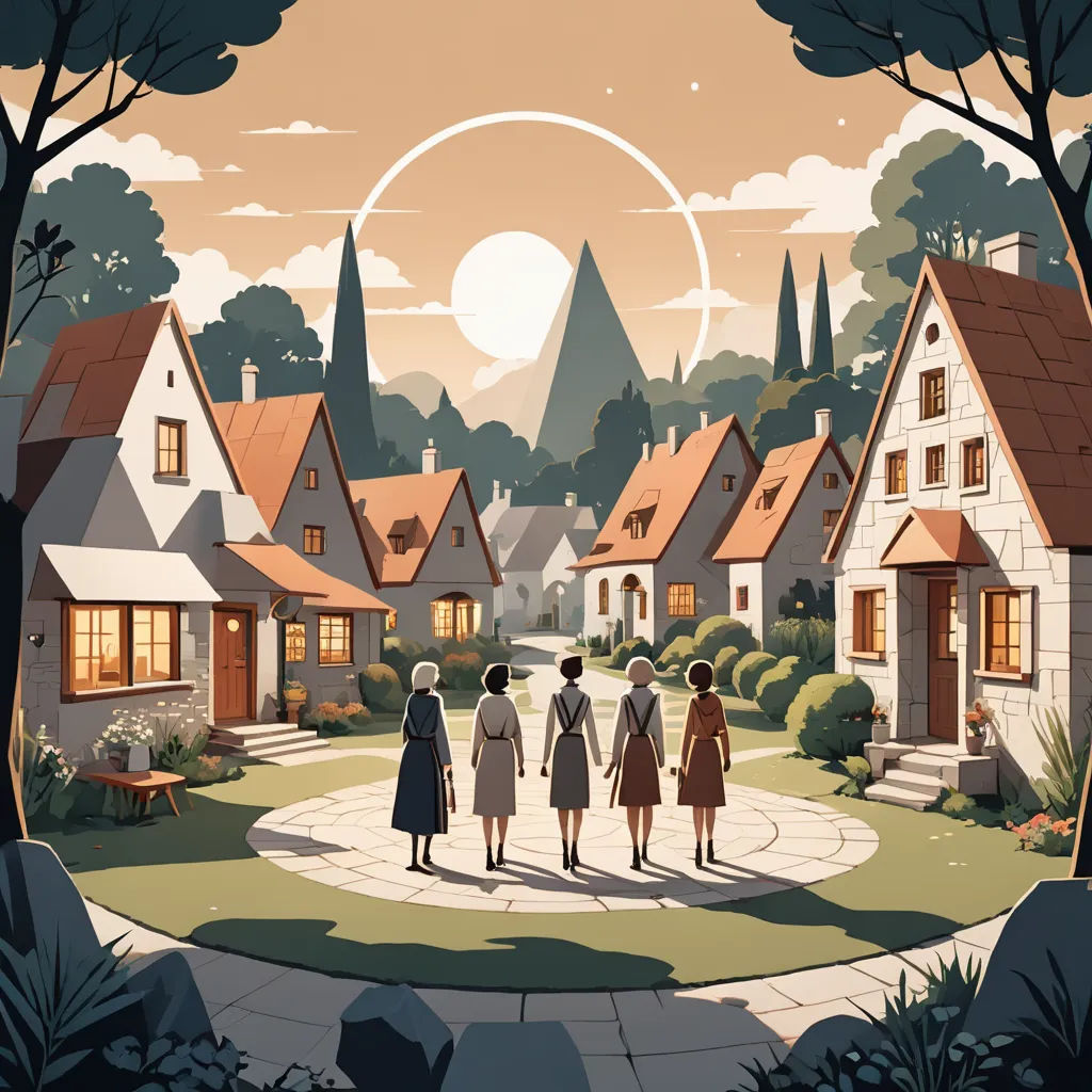 a group of people walking through a village in a cartoon style with a sun in the background and a sky with clouds, private press, a storybook illustration, Atey Ghailan, rossdraws global illumination