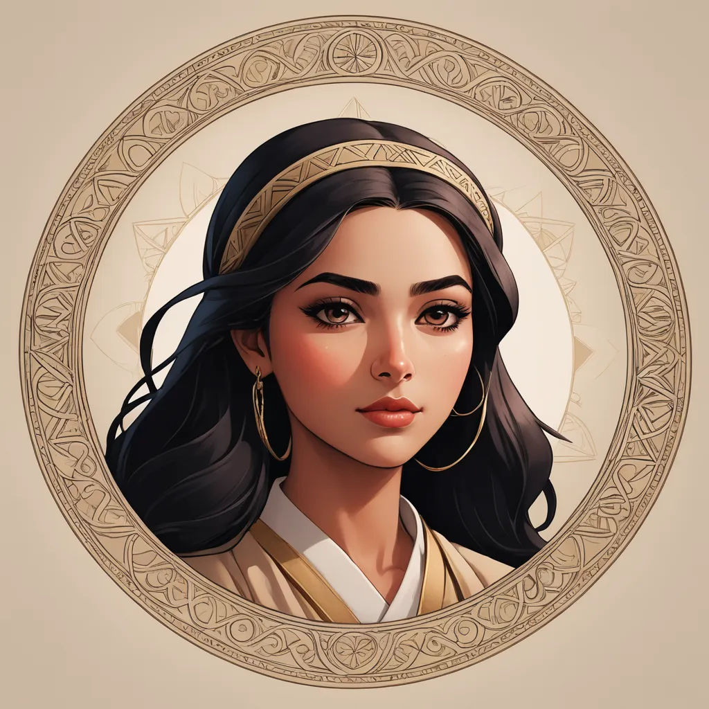 a portrait of a woman with long hair and earrings in a circle frame with a star on it and a star on the side, art nouveau, a character portrait, Charlie Bowater, fantasy character portrait