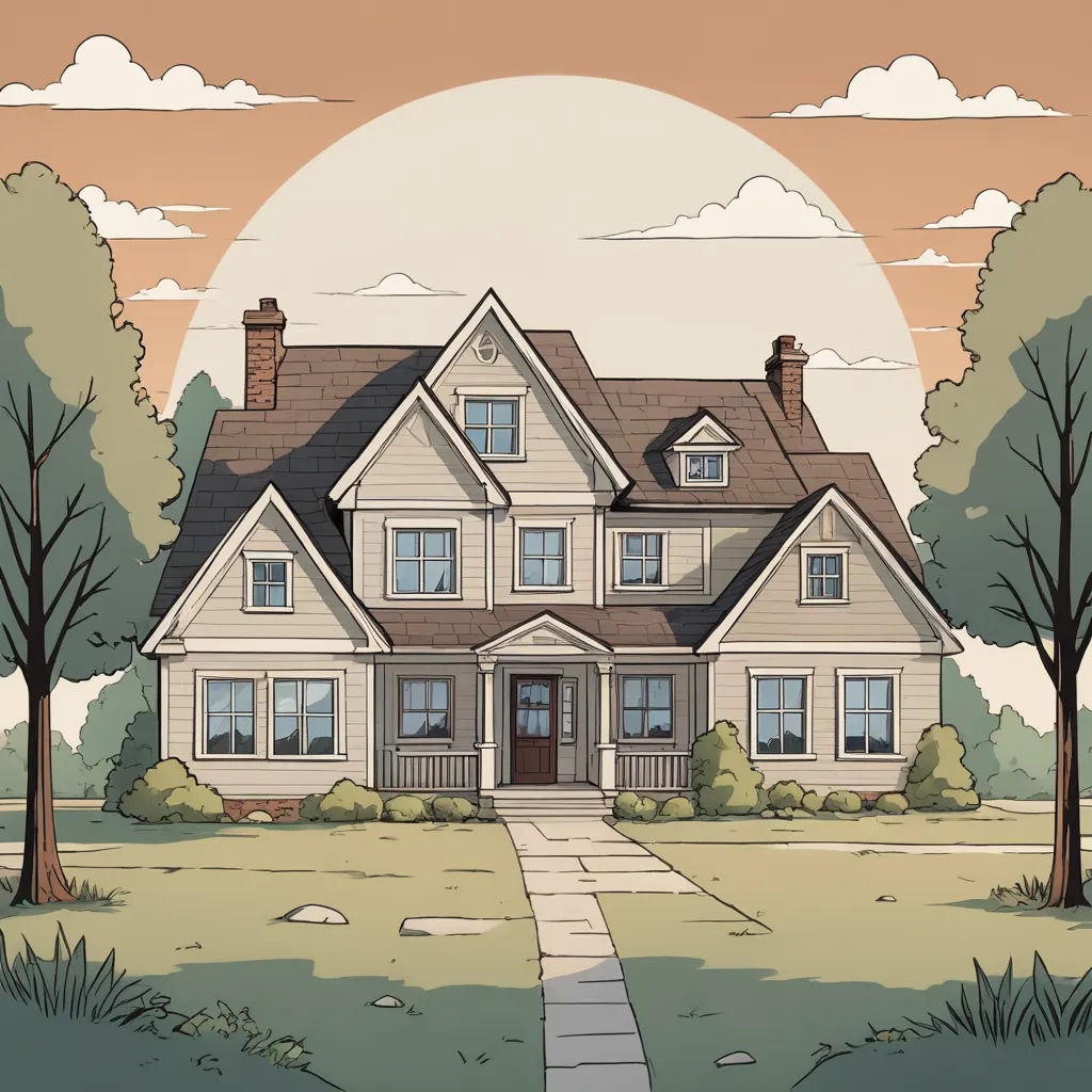 a cartoon house with a pathway leading to it and trees in front of it and a full moon in the sky, sots art, a storybook illustration, Chris Ware, promotional image
