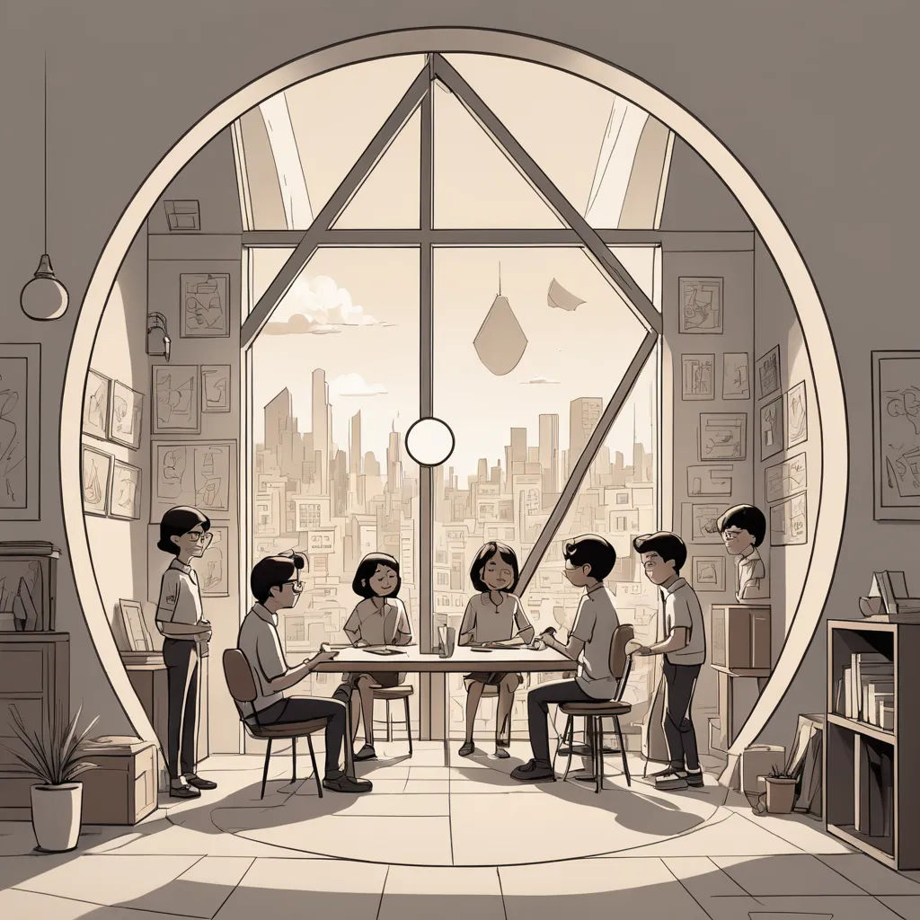 a group of people sitting around a table in a room with a window and a city view in the background, art & language, a storybook illustration, Asaf Hanuka, graphic novel