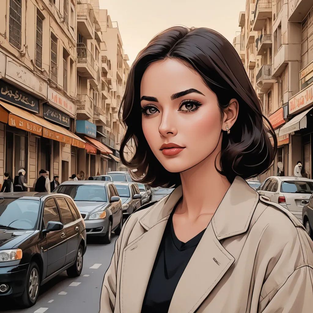 a woman in a trench coat is standing in the street with cars and buildings in the background and a man in a suit is standing on the sidewalk, digital art, a comic book panel, Atey Ghailan, city background