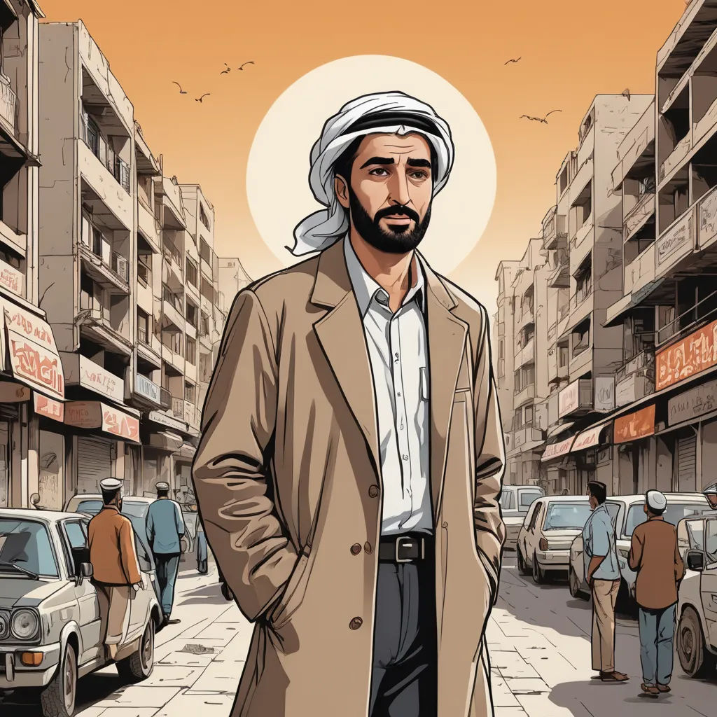 a man in a brown coat and a white hat standing on a street with cars and people in the background, serial art, a character portrait, Asaf Hanuka, graphic novel