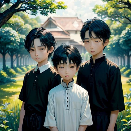 three asian children standing in front of a tree and grass area with a house in the background and a green field