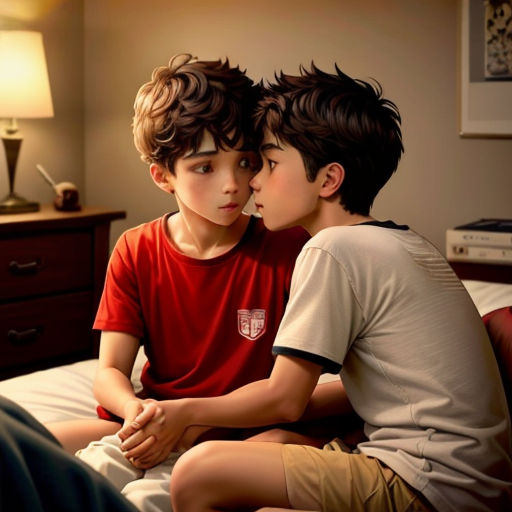 a boy and a boy sitting on a bed with their hands on each other's chests,
