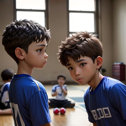 two young boys sitting on the floor in a gym looking at each other with a surprised look on their face
