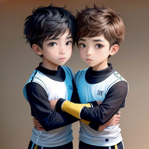 two children are standing next to each other with their arms crossed and their faces close together, both wearing black and white shirts