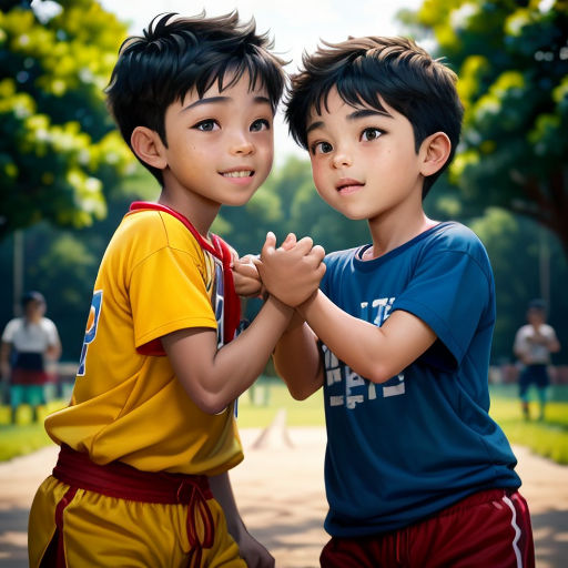 two young boys standing next to each other in a park with trees in the background and a person in the foreground