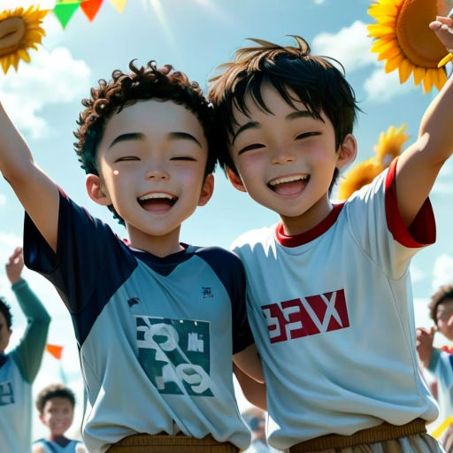 two young boys are standing together with sunflowers in their hands and a crowd of people behind them