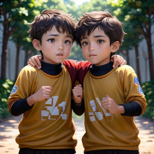 two young boys standing next to each other in front of trees and a dirt road with trees in the background