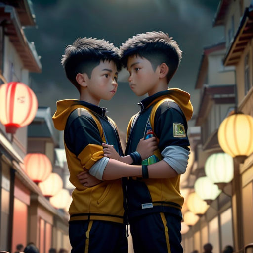 two boys standing next to each other in a street with lanterns in the background and a full moon in the sky