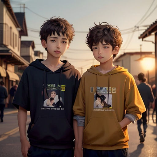 two young boys standing next to each other on a street with people walking by in the background and a building with a sign on it