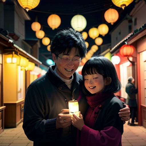 a man and a woman holding a lantern in a hallway at night time with lanterns hanging above them and a woman smiling