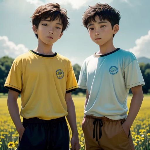 two young boys standing in a field of flowers wearing yellow and blue shirts and shorts with a blue sky in the background