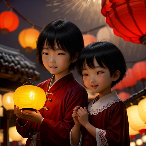 two asian children holding a lantern in front of a building with lanterns in the background and a lantern in the foreground