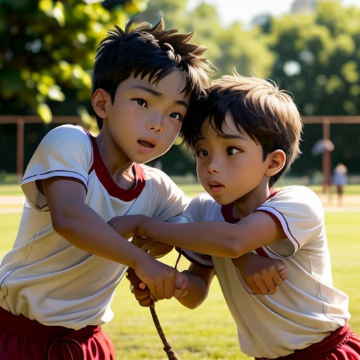 two young boys are holding a baseball bat together in a field of grass and trees, with a fence in the background