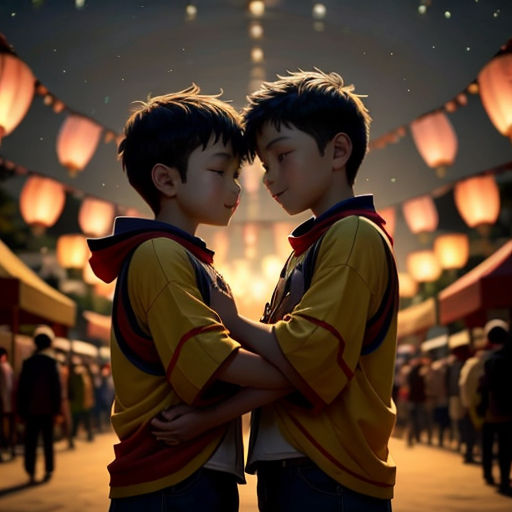 two boys standing next to each other in front of lanterns in the sky at night time, with their arms around each other