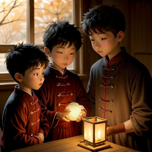 three children are looking at a lantern on a table with a window behind them and a window behind them