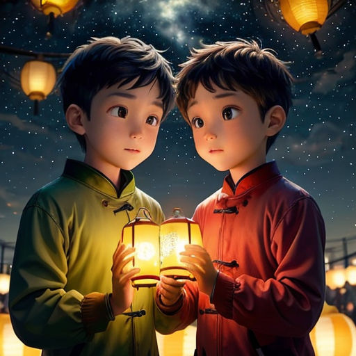 two children holding a lantern in front of a night sky with lanterns in the background and stars in the sky