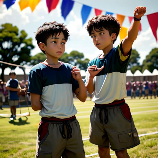 two young boys standing next to each other on a field with a kite in the background and people in the background