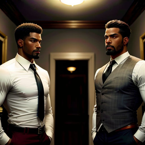 two men in suits standing in a hallway next to a doorway and a mirror with a light on it