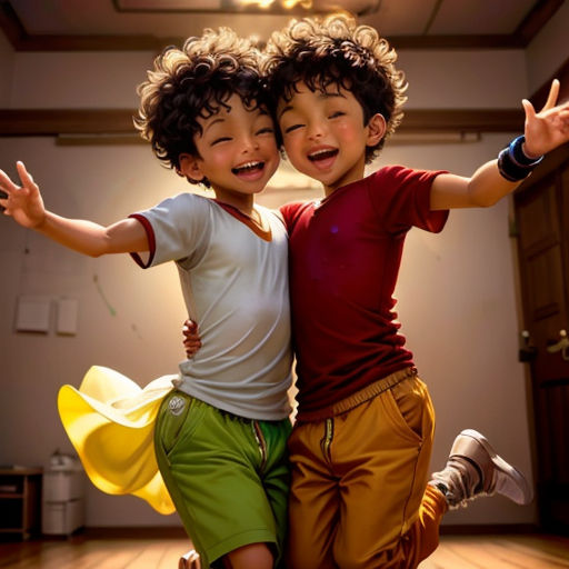 two young boys are dancing in a room with wood floors and a ceiling fan in the background, and a light fixture in the background