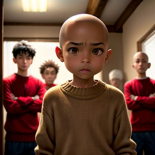 a young boy with a bald head standing in front of a group of other boys in a hallway with their arms crossed