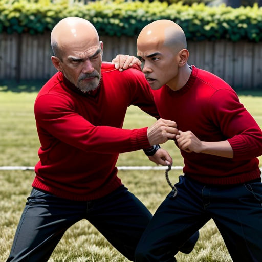 two men in red shirts are holding hands together in a field of grass and grass with a fence in the background