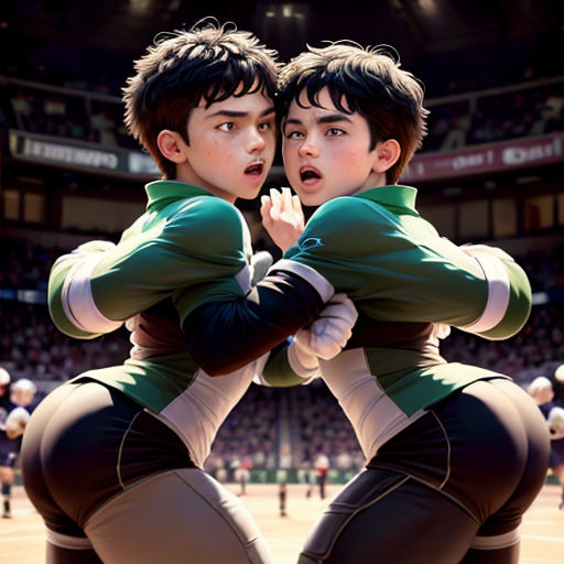 two people in sports uniforms standing in front of a crowd of people in a stadium with a crowd of people in the background