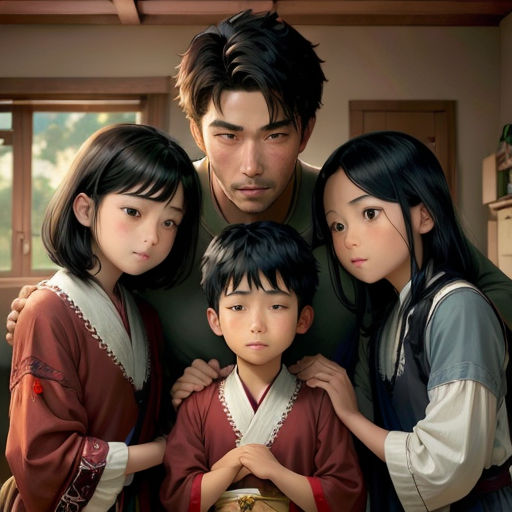 a man and two children standing next to each other in a room with a window and a table with a vase on it