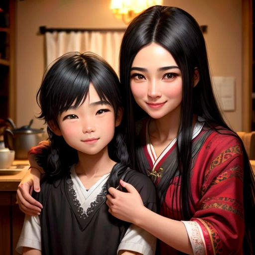 a woman and a child are posing for a picture together in a kitchen with a stove and a sink