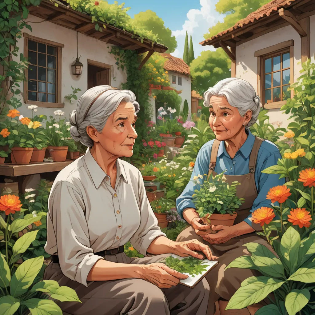 a painting of two elderly women in a garden with flowers and plants in pots, one of them holding a potted plant, american scene painting, a storybook illustration, Aaron Jasinski, official art
