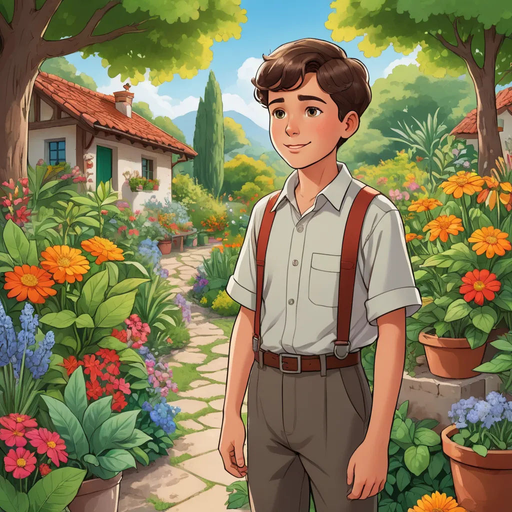 a boy in a garden with flowers and a house in the background illustration for children's book illustration, american scene painting, a character portrait, Cedric Seaut (Keos Masons), official art
