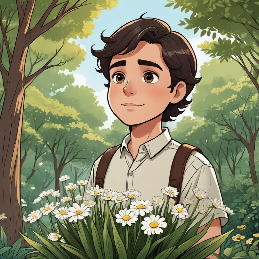 a man standing in a forest with flowers in his hand and a bush in his hand, with trees and bushes in the background, serial art, a character portrait, Cedric Seaut (Keos Masons), official art