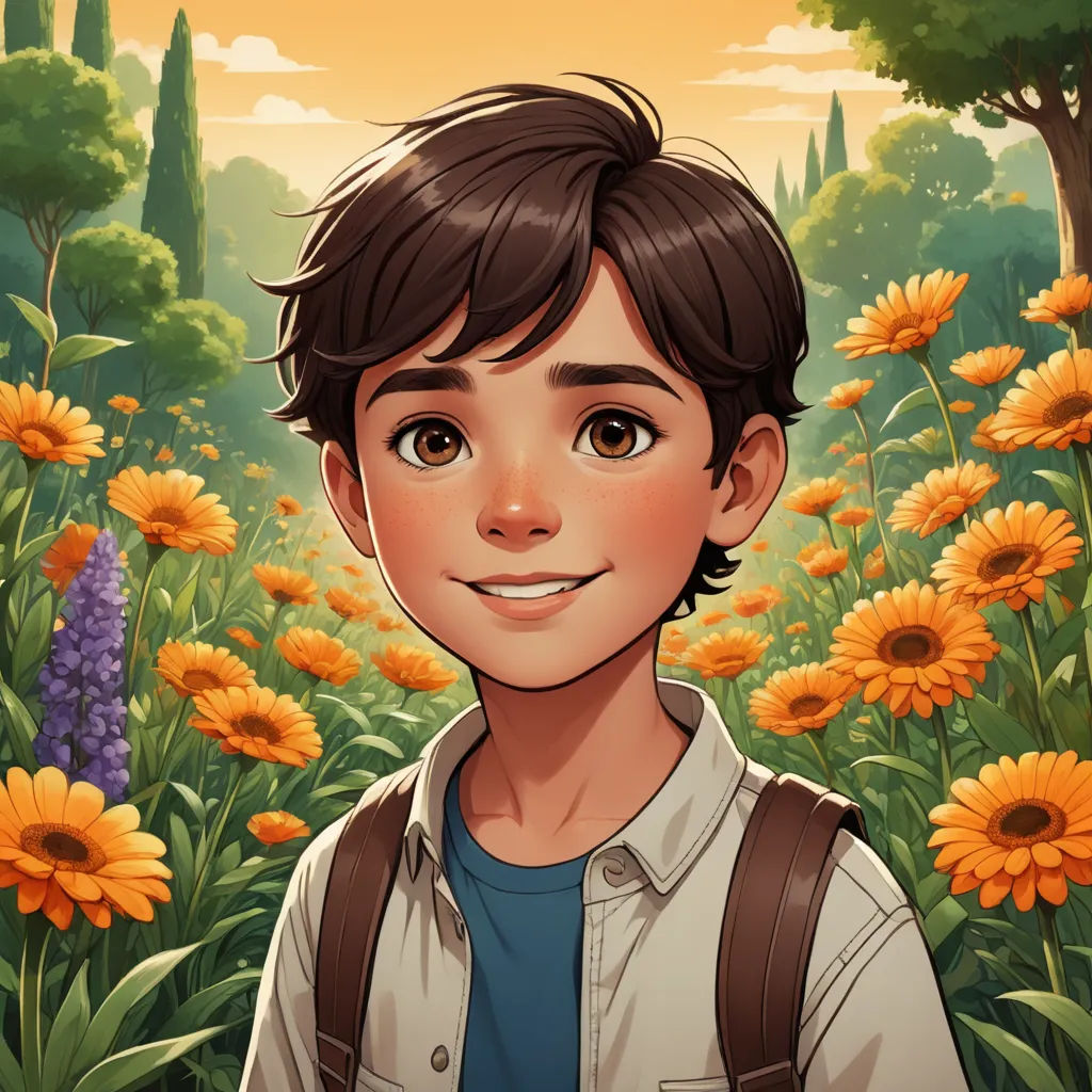 a boy standing in a field of flowers with a smile on his face and a forest in the background, sots art, a character portrait, Everett Warner, rossdraws global illumination