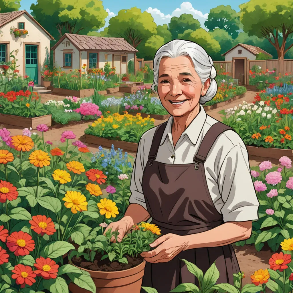 a woman holding a potted plant in a garden filled with flowers and plants, with a house in the background, naive art, a character portrait, Eileen Aldridge, promotional image