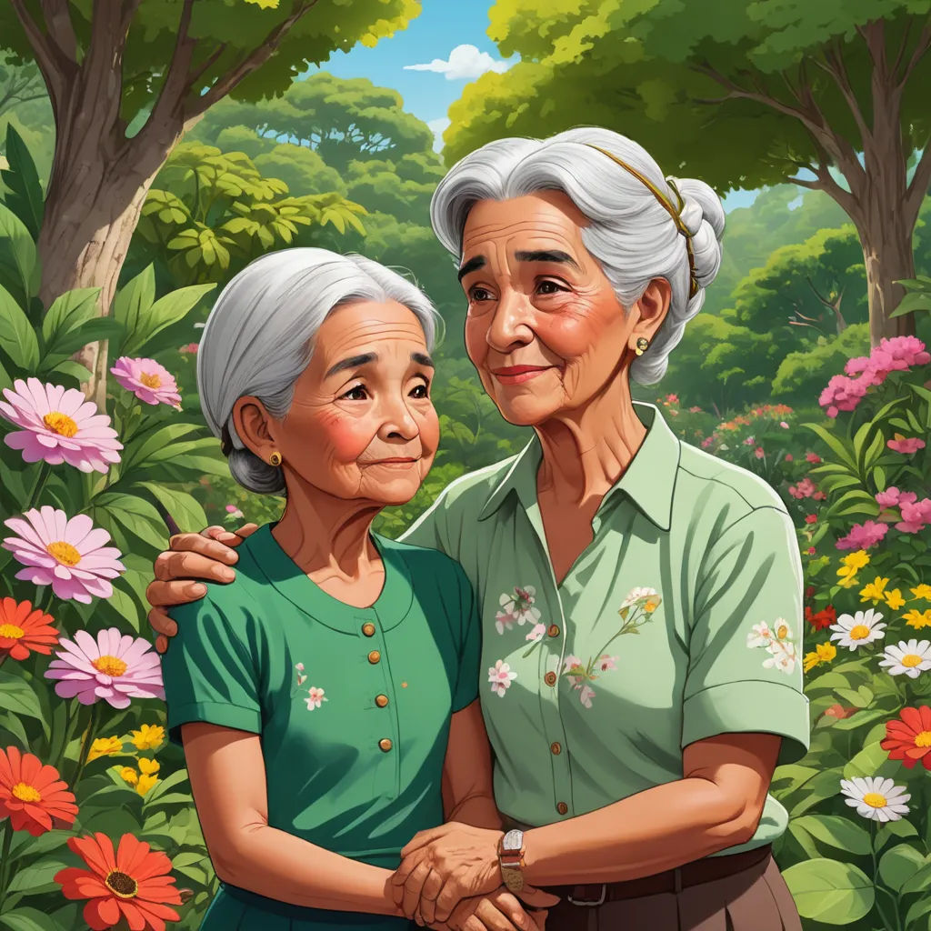a painting of an elderly woman and a young woman standing in a garden with flowers and trees in the background, sots art, a character portrait, Fernando Amorsolo, official art
