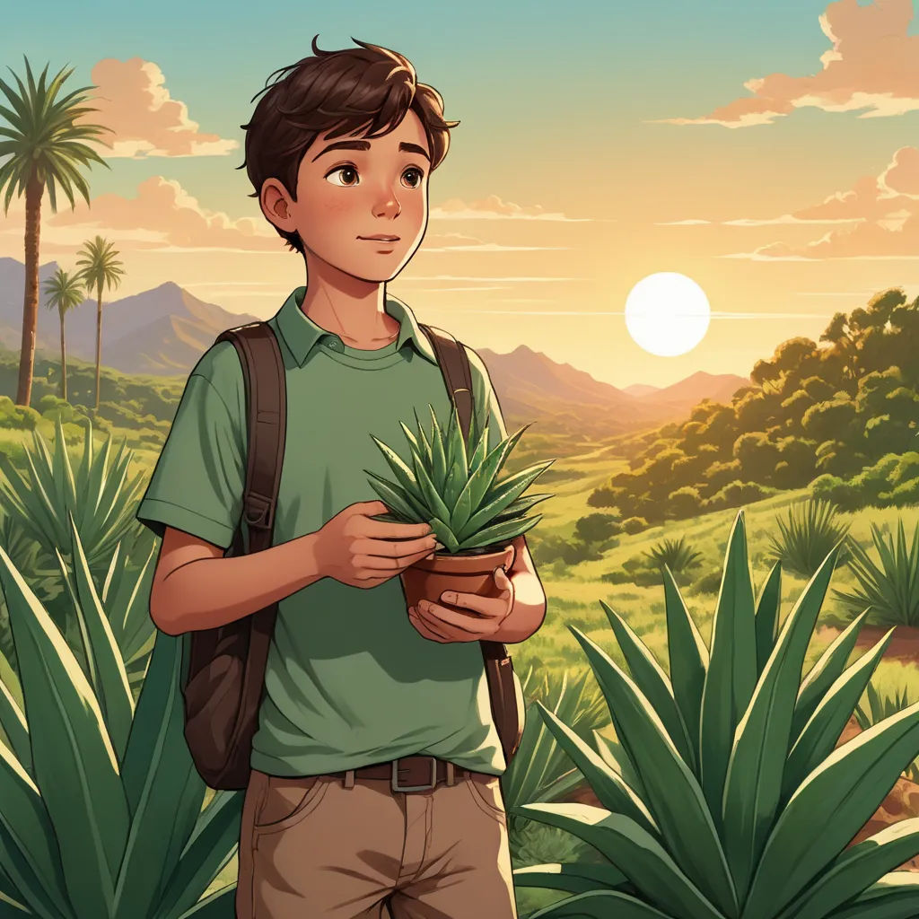 a boy holding a potted plant in a field of grass and palm trees at sunset with the sun in the background, environmental art, a storybook illustration, Alonso Vázquez, official art