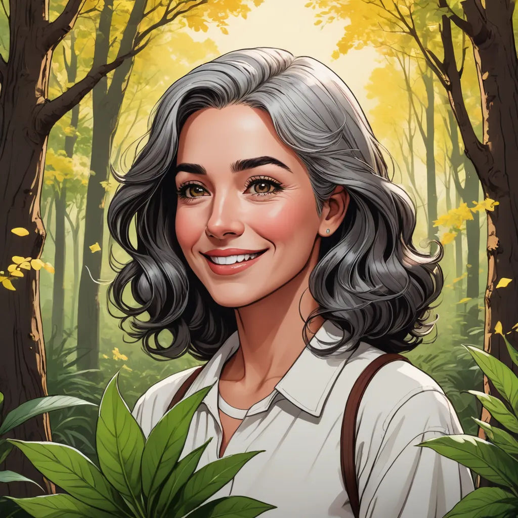 a digital painting of a woman in a forest with leaves and trees in the background, with a yellow sky, serial art, a character portrait, Ada Gladys Killins, character portrait