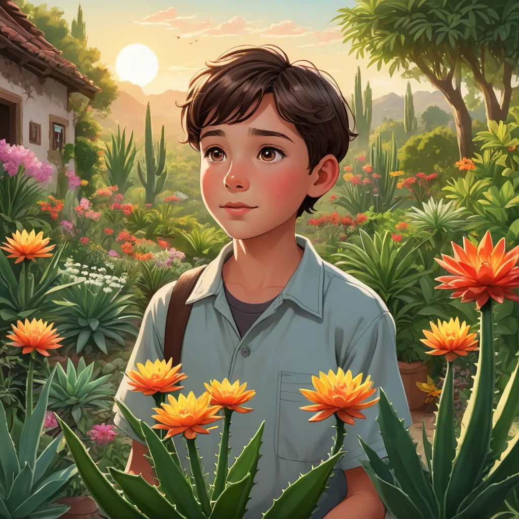 a boy standing in a garden with flowers and plants around him and a house in the background with a sunset, magic realism, a storybook illustration, Alejandro Burdisio, key art