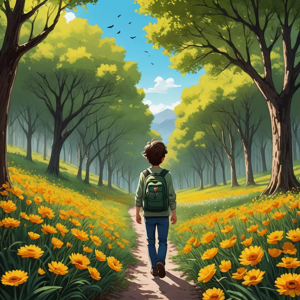 a painting of a person walking down a path in a field of flowers with trees and birds flying overhead, environmental art, a storybook illustration, Atey Ghailan, rossdraws global illumination
