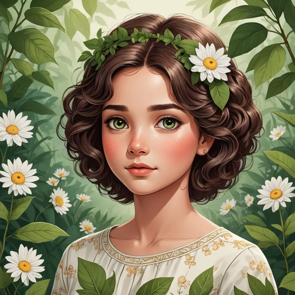 a painting of a woman with flowers in her hair and a wreath of daisies in her hair, standing in front of a field of daisies, fantasy art, a detailed painting, Charlie Bowater, trending on art station