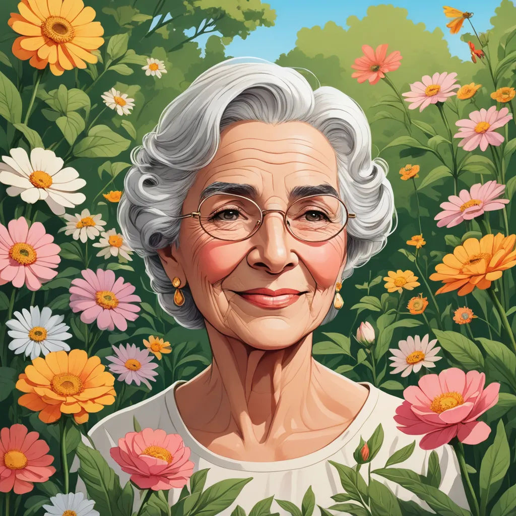a painting of an elderly woman in a field of flowers with a butterfly flying overhead in the background of the painting, serial art, a character portrait, Dorothy King, highly detailed digital painting