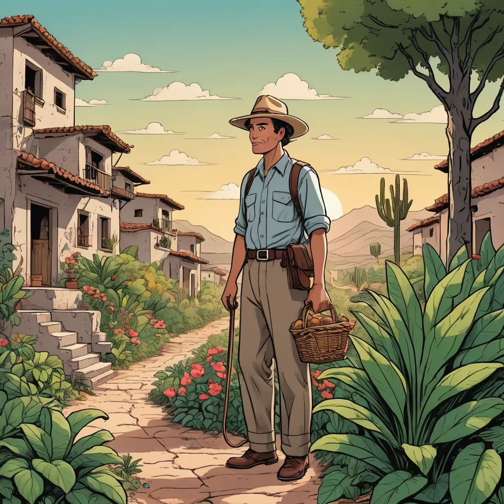 a man with a hat and a cane standing in a garden with a cactus and a house in the background, primitivism, a storybook illustration, Diego Gisbert Llorens, western comic book art