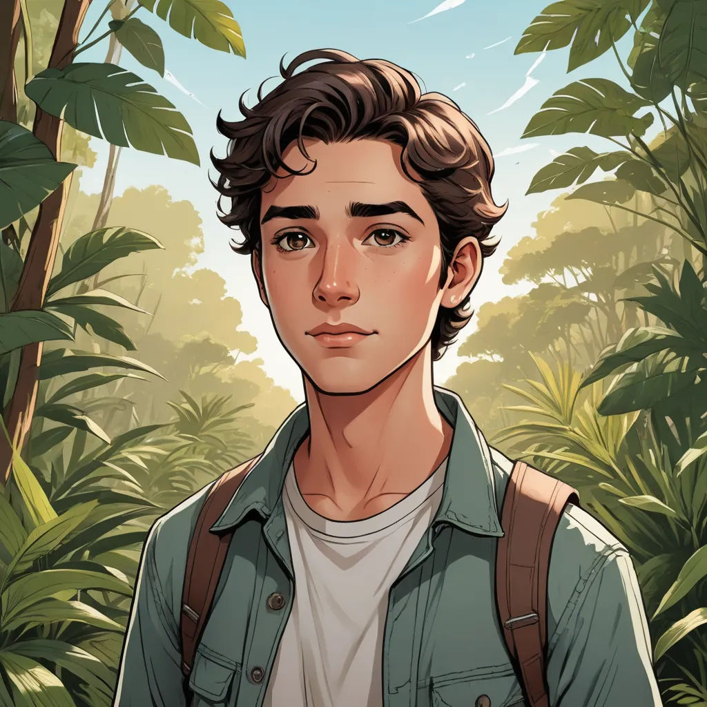 a man with a backpack standing in front of a forest of trees and plants, with a blue sky in the background, sots art, a character portrait, Cedric Seaut (Keos Masons), official art