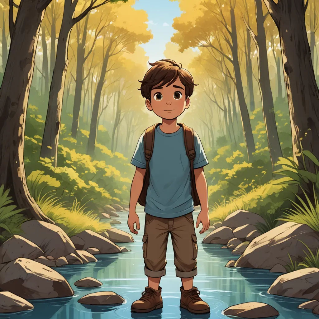 a boy standing in a forest with a stream in front of him and a forest background with rocks and trees, environmental art, a storybook illustration, Diego Gisbert Llorens, storybook illustration