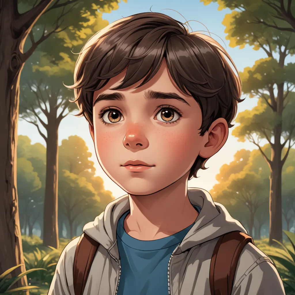 a boy in a jacket standing in a forest with trees and bushes behind him, looking at the camera, sots art, a character portrait, Aaron Jasinski, rossdraws global illumination