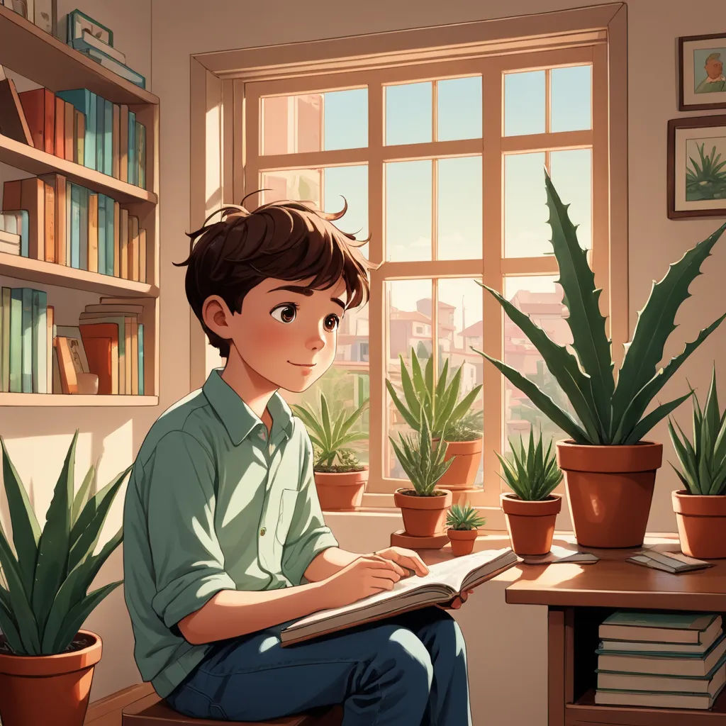 a boy sitting in a chair reading a book in front of a window with potted plants on the side, plein air, a storybook illustration, Atey Ghailan, rossdraws global illumination